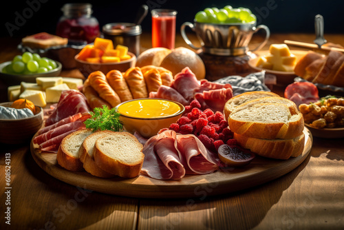 A traditional plate of frühstück, featuring freshly baked bread rolls. (Generative AI)