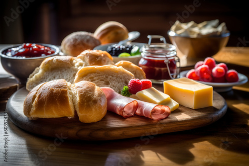 A German frühstück, featuring freshly baked bread rolls served on a wooden board. (Generative AI) photo
