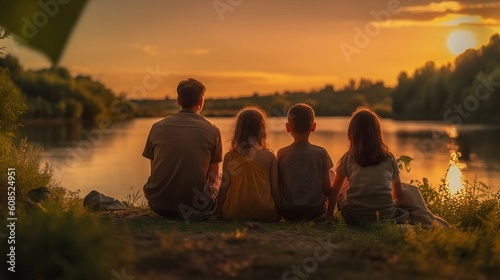 family watching sunset on the lake