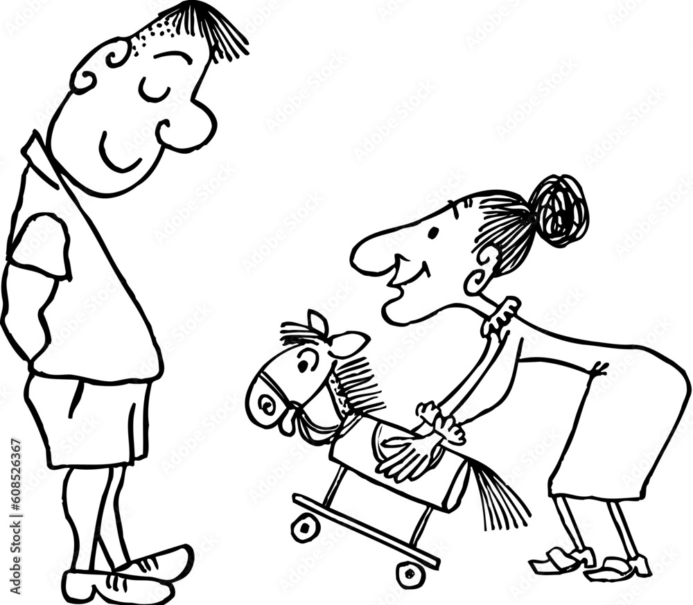 Mother giving big son toy horse Mother giving big son toy horse