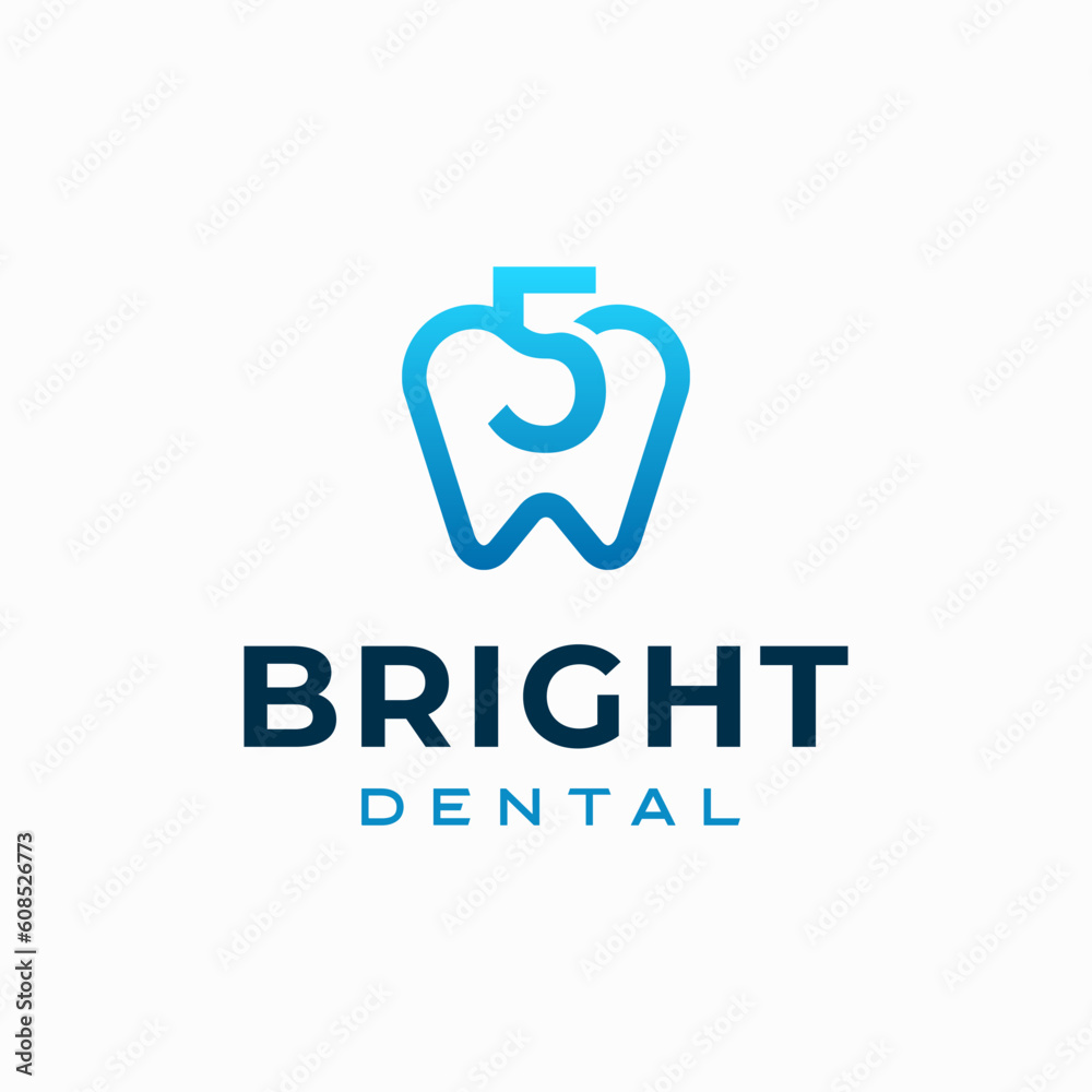 Number 5 Dental Clinic Logo Tooth abstract design vector template Linear style. Dentist stomatology medical doctor Logotype concept icon