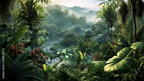 A lush jungle landscape with vibrant flora and fauna. Generative ai