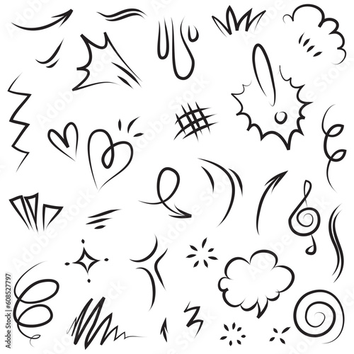 Vector set of hand-drawn cartoony expression sign doodle, curve directional arrows, emoticon effects design elements, cartoon character emotion symbols, cute decorative brush stroke lines.