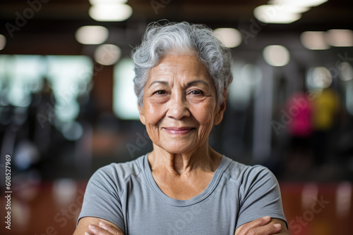 Portrait of happy senior latin fit woman in gym. Generative AI.
