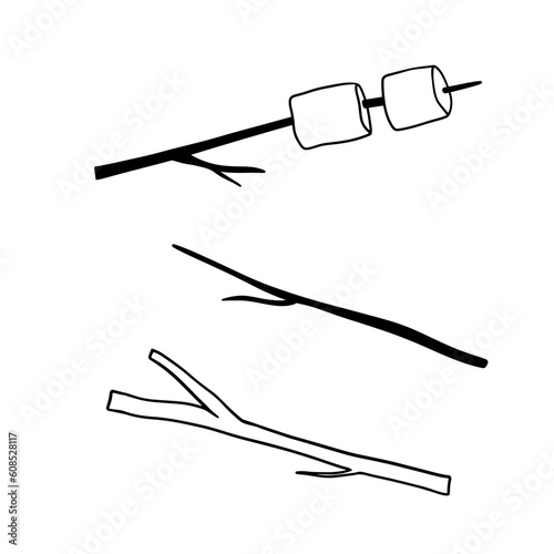 Hand drawn Marshmallow roasted on wooden stick. Vector doodle sketch isolated on white.
