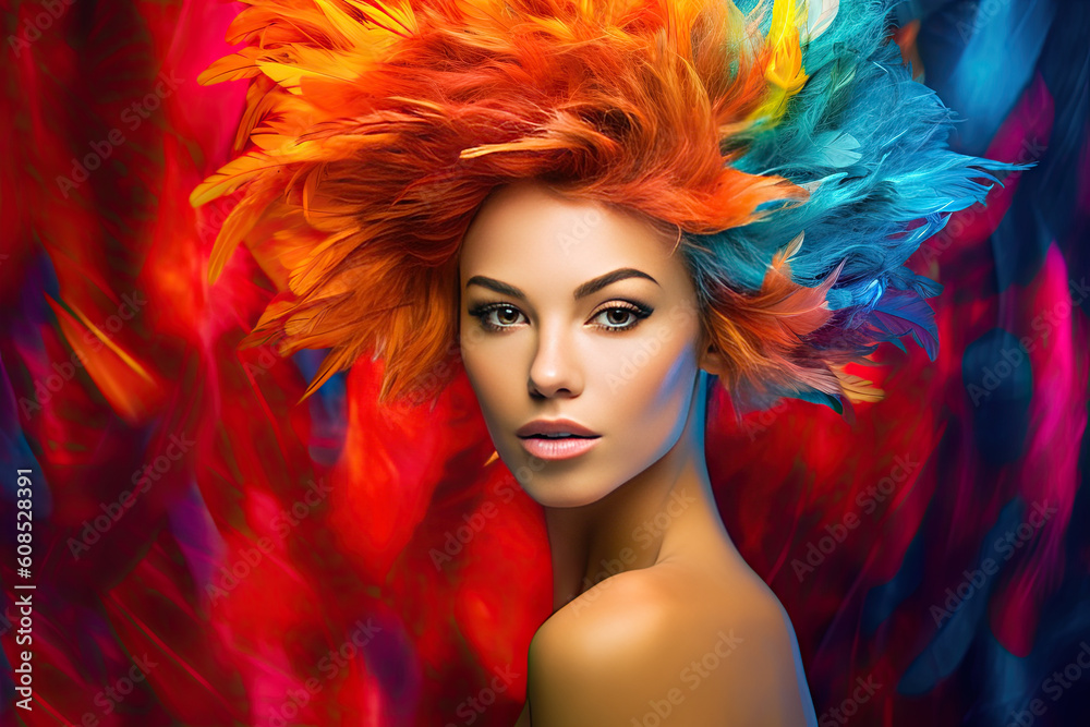 High Fashion model woman in colorful bright lights posing in studio, portrait of beautiful sexy girl with trendy make-up and manicure. Art design, colorful make up. Generative AI