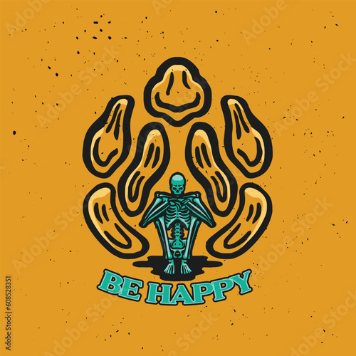 Vector illustration of a skeleton serounded by smiley. Be happy.