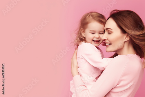 Unbreakable Bond Heartwarming Moment of Mother and Child Captured on a Vibrant Pink Background. created with Generative AI