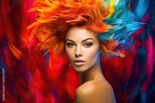 High Fashion model woman in colorful bright lights posing in studio, portrait of beautiful sexy girl with trendy make-up and manicure. Art design, colorful make up. Generative AI © PaulShlykov