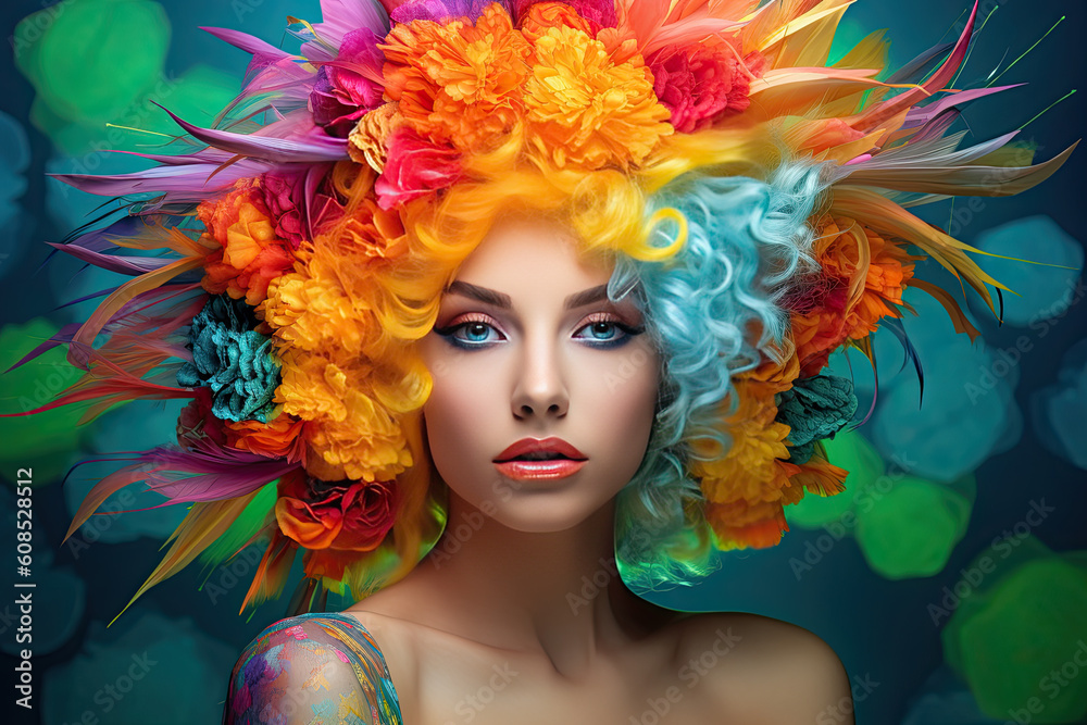 High Fashion model woman in colorful bright lights posing in studio, portrait of beautiful sexy girl with trendy make-up and manicure. Art design, colorful make up. Generative AI