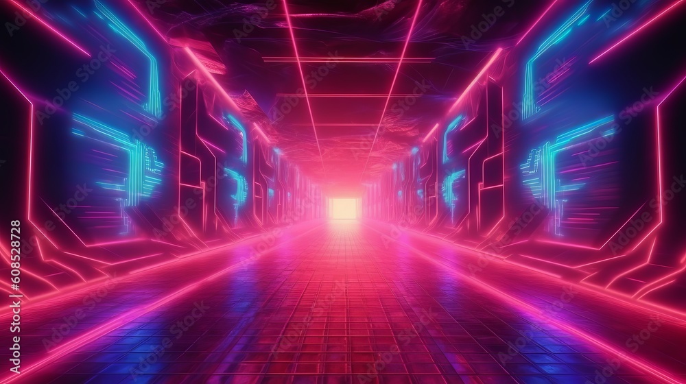 A neon-lit hallway with a tiled floor. Generative ai