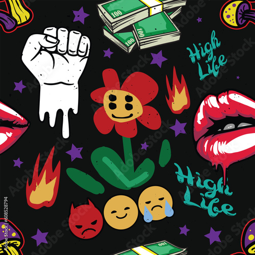 Seamless pattern with hand drawn cartoon elements for streetwear print