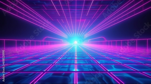 A neon-lit hallway with a tiled floor. Generative ai