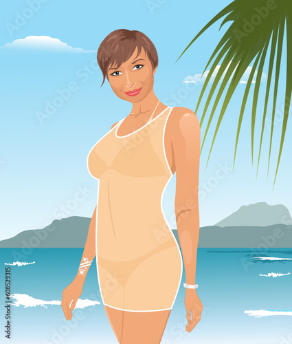Illustration pretty suntanned girl on beach - vector