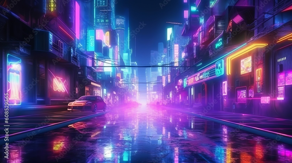 A vibrant city street at night with colorful neon lights. Generative ai
