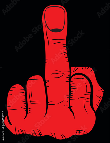 Red hand show the middle finger sign. Vector illustration isolated on black background.