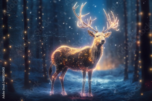 A Festive Reindeer Enchanted with Glowing Lights in a Winter Wonderland  Generative AI.