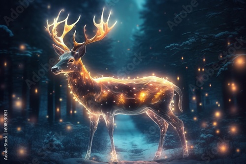 A Festive Reindeer Enchanted with Glowing Lights in a Winter Wonderland  Generative AI.