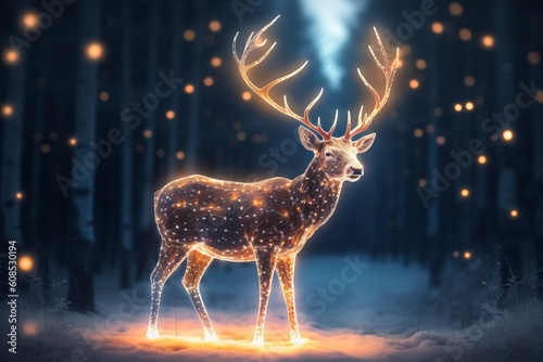 A Festive Reindeer Enchanted with Glowing Lights in a Winter Wonderland, Generative AI.
