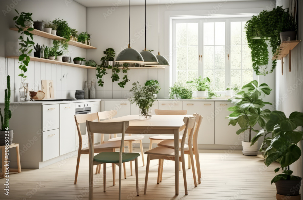 Scandinavian-Inspired Kitchen: Featuring White Cabinetry, Light Wood Dining Table and Chairs, and a Stunning Green Indoor Plant., Generative AI.