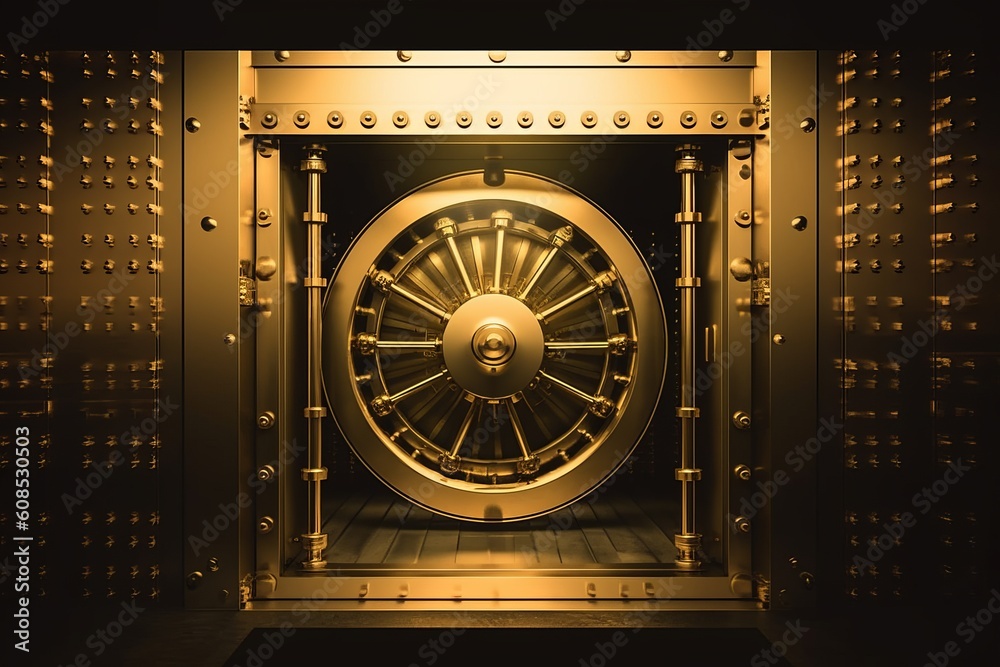 Exploring the Wealth of a Bank Vault: Unveiling the Golden Walls, Stacks of Gold Bars, and Currency Reserves, Generative AI. Exploring the Wealth of a Bank Vault: Unveiling the Golden Walls, Stacks of Gold Bars, and Currency Reserves, Generative AI.