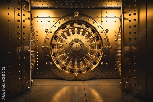 Exploring the Wealth of a Bank Vault: Unveiling the Golden Walls, Stacks of Gold Bars, and Currency Reserves, Generative AI.