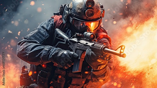 Soldier holding gun in tactical gear, Airsoft ad background banner, Generative AI