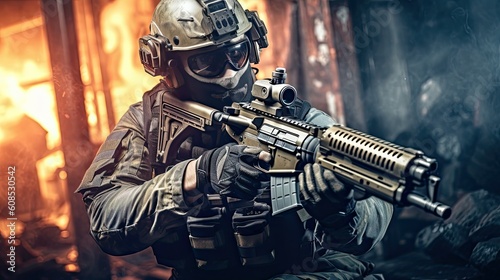 Soldier holding gun in tactical gear, Airsoft ad background banner, Generative AI