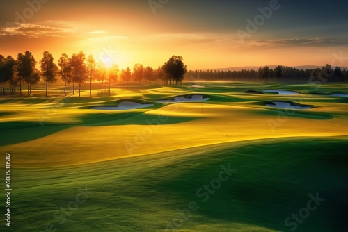 Stunning Golf Course Bathed in the Warmth of Sunrise/Sunset, Generative AI.