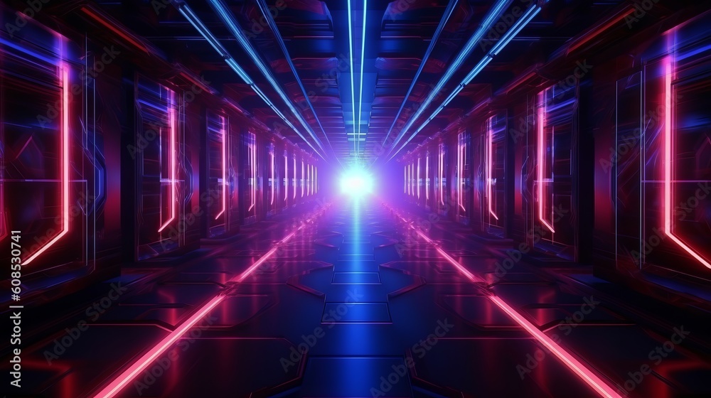 A futuristic hallway with neon lights and a long corridor. Generative ai