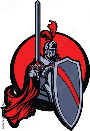 Medieval Knight Vector Mascot Holding a Shield and Sword and Wearing Armor