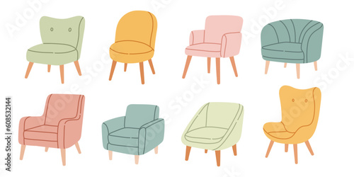 Armchair set, trendy scandinavian chairs isolated on white background. Comfortable armchair and stylish stool bundle.