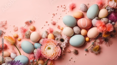 Concept Design of colorful eggs and plants for Happy Easter Day banner