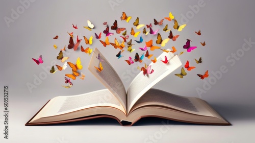 An open book with a magical swarm of colorful butterflies taking flight. Generative ai