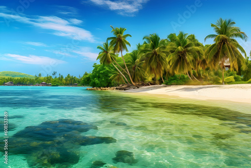 Beautiful tropical island with palm trees and beach panoramic, Generative AI