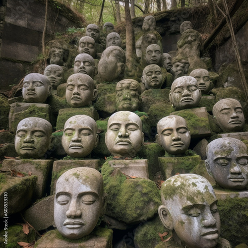 Stone Head Statues in Old Forest or Overgrown Garden. Generative ai