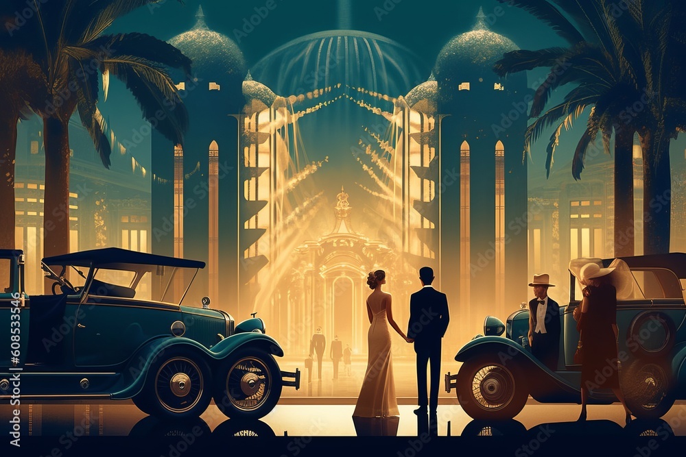 Art Deco Aesthetics Lavish Guests Pose Next to Vintage Luxury Cars