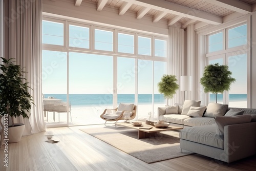 Spacious Summer Beach Home with Breathtaking Ocean View  An Empty Canvas for Your Dream Interior Design  Generative AI.