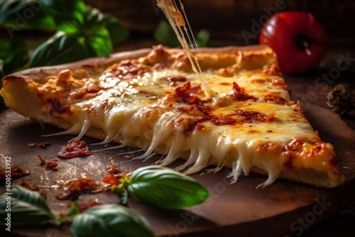 A slice of hot Italian pizza with stretching cheese. Generative AI