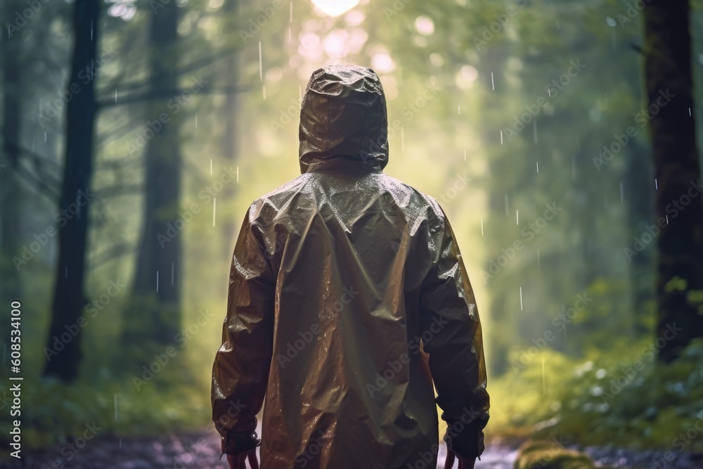 Back View of Hiker in Forest with Protective Rain Jacket