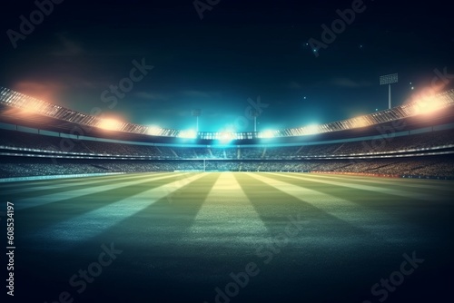Blurred Lighting Background Sets the Stage for Nighttime Football and Cricket at the Stadium, Generative AI.