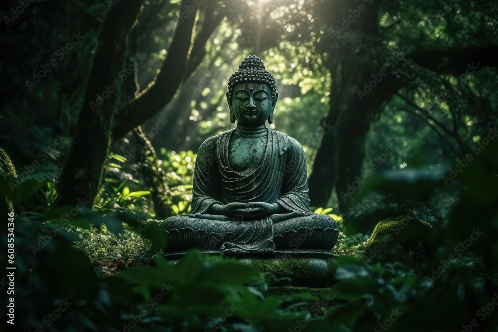 Tranquil Buddha Statue Amidst Verdant Forest