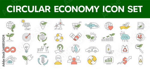 Set of thin line circular economy Icon set. financial growth, green city, waste, net zero, green economy, green politics, global consumption. Vector illustration for environmental issues.