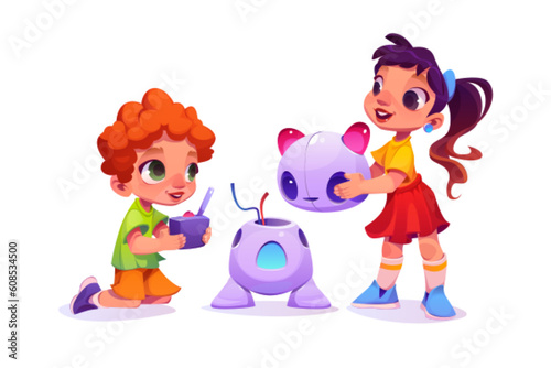 Happy boy and girl playing with cat robot isolated on white background. Vector cartoon illustration of smart kids repairing remote control toy, learning about modern technology at computer science