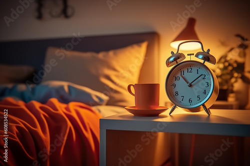 Serene Bedroom Setting with Alarm Clock Reminding of the Start of a New Day. created with Generative AI