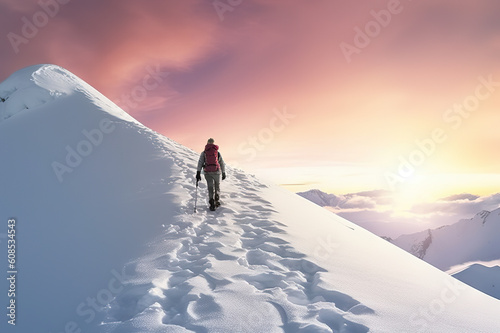 Ascending the Snowy Heights Adventurous Hiker Conquering a Majestic Mountain. created with Generative AI