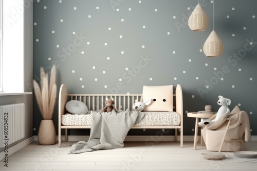 Wallpaper featuring a cozy Scandinavian-style nursery ambiance, Generative AI.