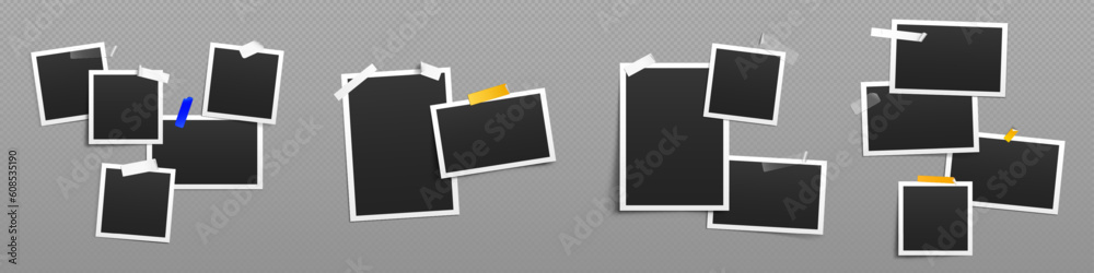 Images collage template with photo frames with sticky tape. Album or gallery mockup with empty paper snapshots with white border isolated on transparent background, vector realistic set Images collage template with photo frames with sticky tape. Album or gallery mockup with empty paper snapshots with white border isolated on transparent background, vector realistic set