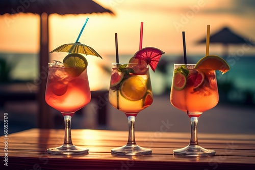 Luxuriate in the Sunset with Exotic Summer Cocktails at a Tropical Beach Resort. Perfect for Youthful Summer Vacations, Parties, and Holidays., Generative AI.