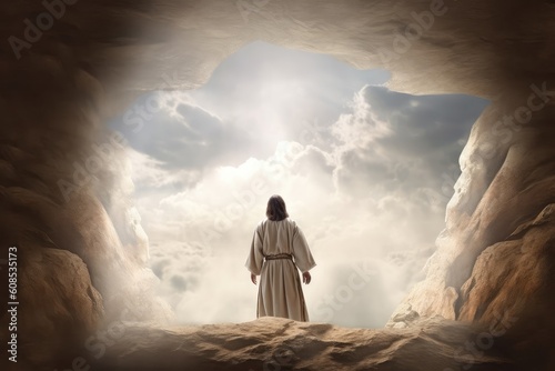 Jesus Leaving Empty Tomb, Easter. Easter Jesus Christ rose from the dead. Sunday morning. The empty tomb in the background of the crucifixion. Happy easter. Generative AI